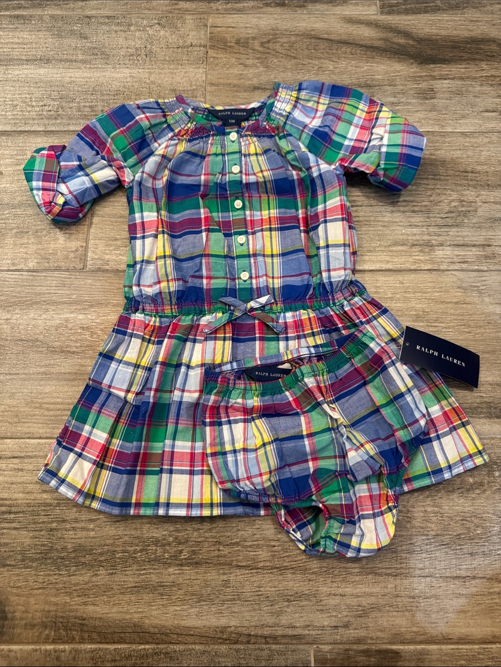 Ralph Lauren Multicolor Plaid Cotton Baby Dress & Bloomers